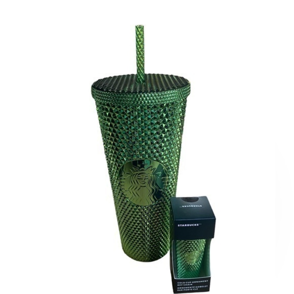 STARBUCKS metallic green holiday 2023 Venti Iced Tumbler Keychain Ornament SET